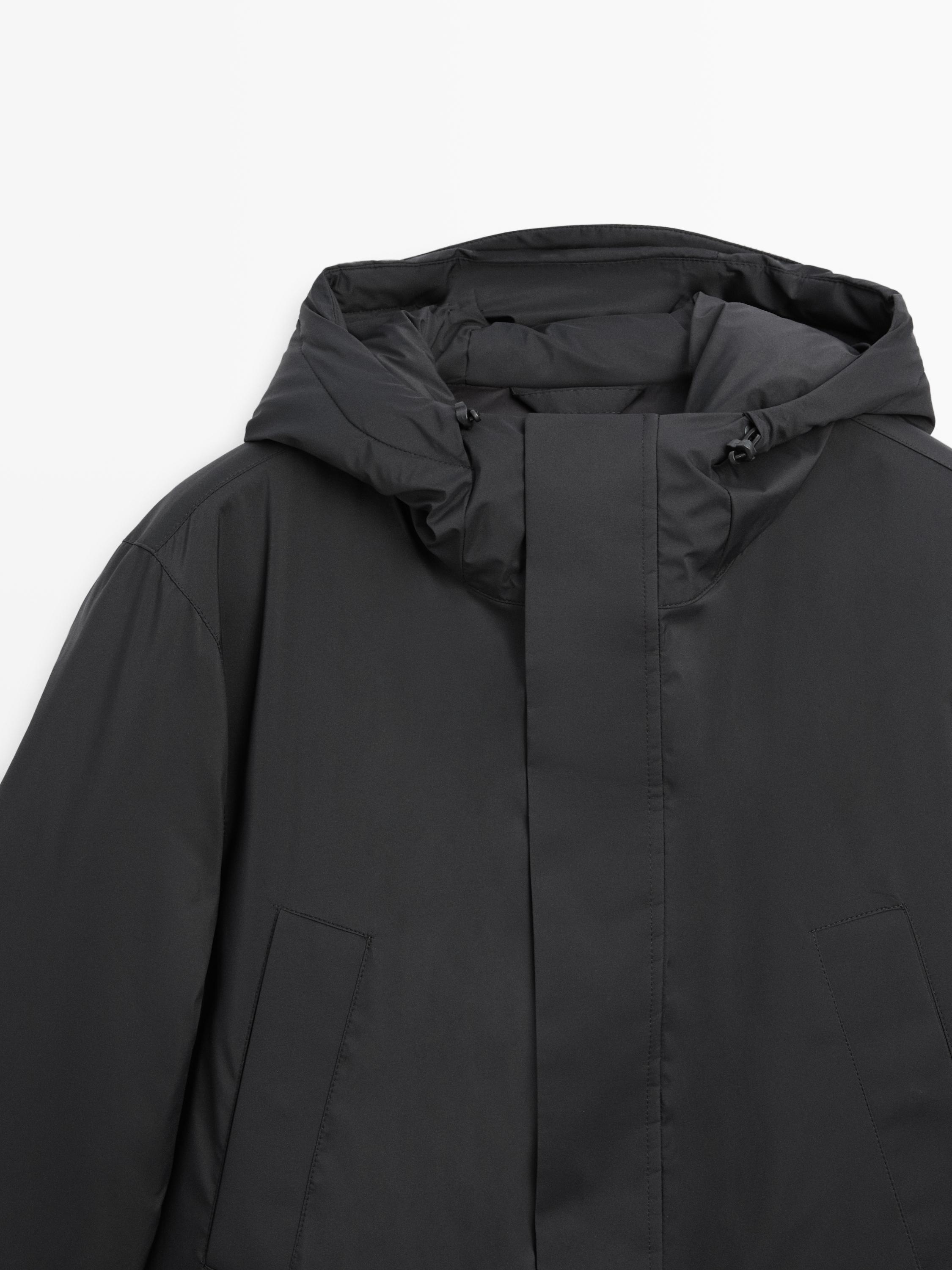 Long water-repellent down blend hooded parka